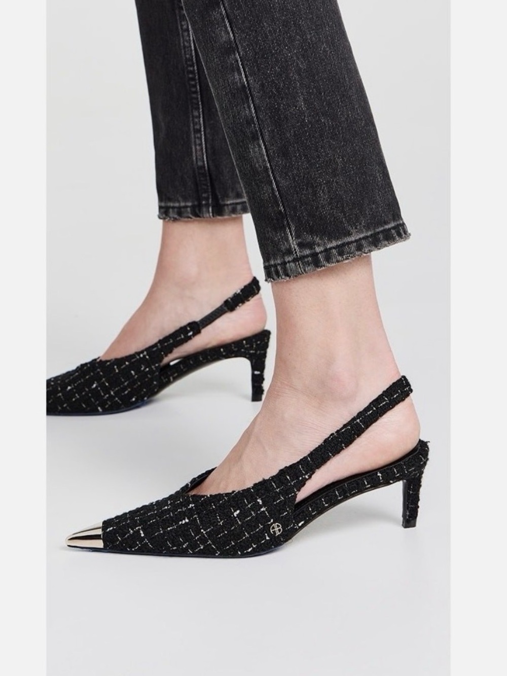 Anine Bing Black Tweed Slingback Flats with Silver Cap Toe sz37